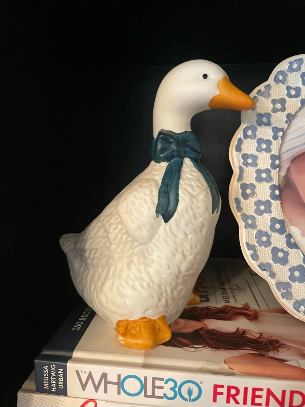 Vintage ceramic goose with blue bow 90s decor aesthetic